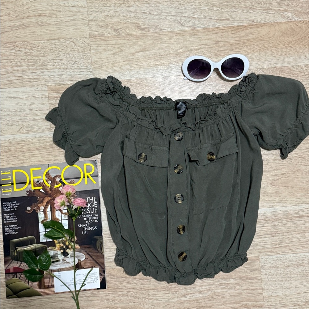 Women's Olive Green Button-Up Top